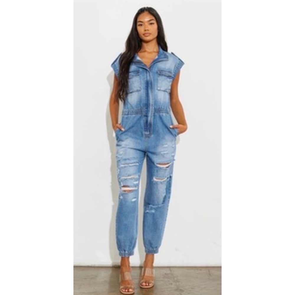 Vibrant M.I.U, distressed denim jumpsuit, large